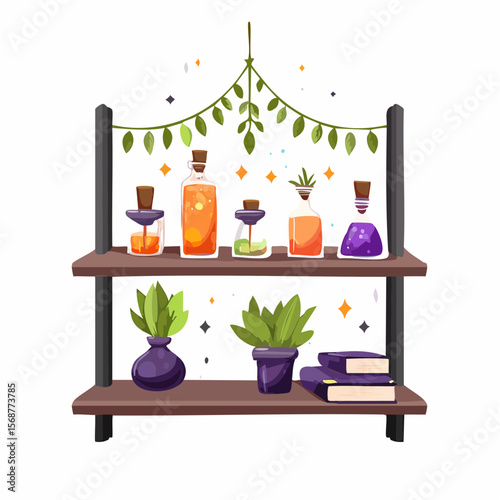 A whimsical shelf design showcases assorted potion bottles, charming houseplants, and classic books in a delightful display.