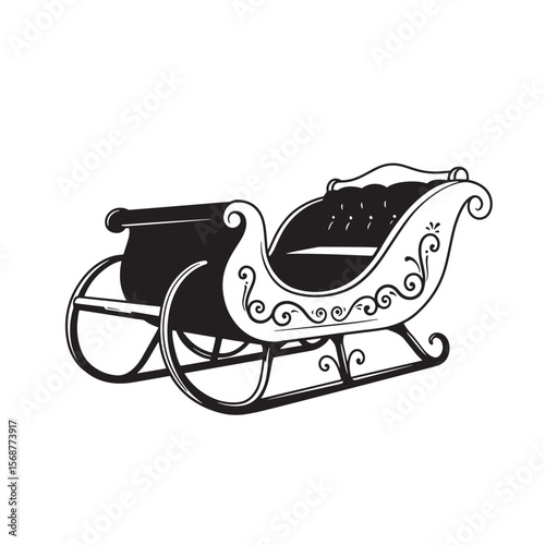 Elegant vintage art depiction of santa claus sleigh isolated against a white background in black and white