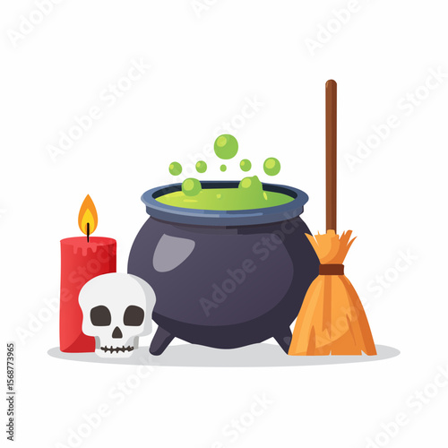Whimsical cauldron with potion bubbles, skull, candle, and broom creates a delightful Halloween design element suitable for festive themes.