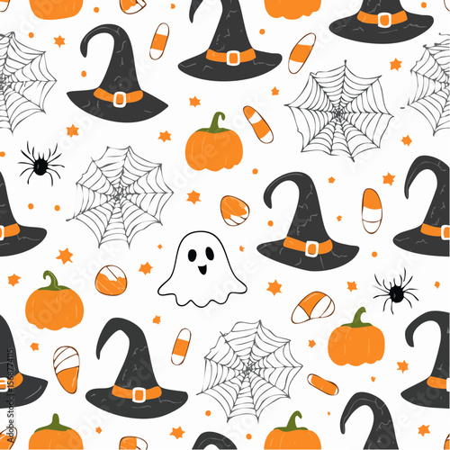 Celebrate with this whimsical Halloween themed pattern, pumpkins, ghost, hats, spiderweb, perfect for seasonal designs and festive background use.