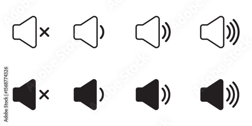 Volume icon set. Speaker icon set. volume icon vector. loudspeaker icon vector. Mute and unmute volume sound. Audio speaker volume on line art icon for apps and websites. Black volume sound icons.