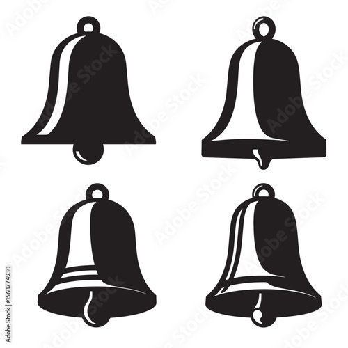 Four black and white vintage art bell icons for celebration and design