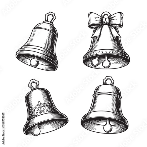 Four detailed engraved christmas bells in a vintage art style for holiday decorations and designs