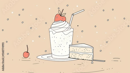 Delicious Strawberry Milkshake with Cake Slice Illustration. Sweet Treat, Dessert, Creamy, Refreshing, Summer Drink Concept