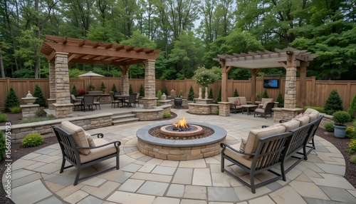 fStunning backyard hardscape featuring a stone patio, fire pit, and pergola, creating a perfect outdoor living space with natural stone accents and a cozy ambianceuu