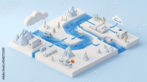A stylized, isometric representation of a network of interconnected facilities.
