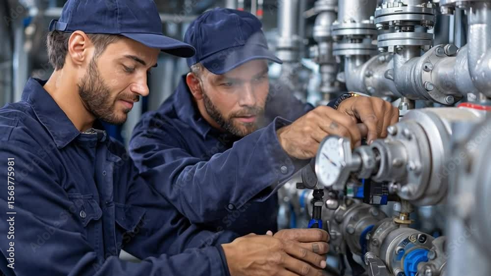 Two plumbers or factory workers repairing a complex system of pipes and valves.