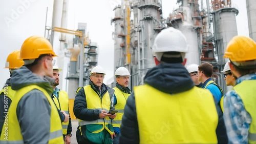 Team of workers discusses safety protocols at an industrial facility during training session