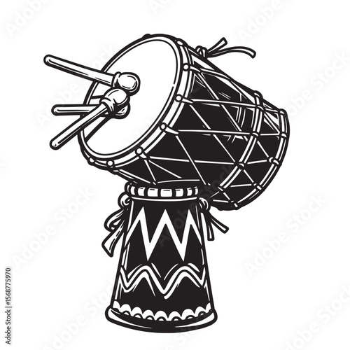 Hand drawn vector illustration of a vintage art djembe drum with drumsticks