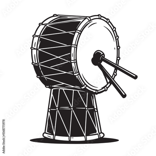 Hand drawn vintage art illustration of a traditional indian dhol drum with drumsticks