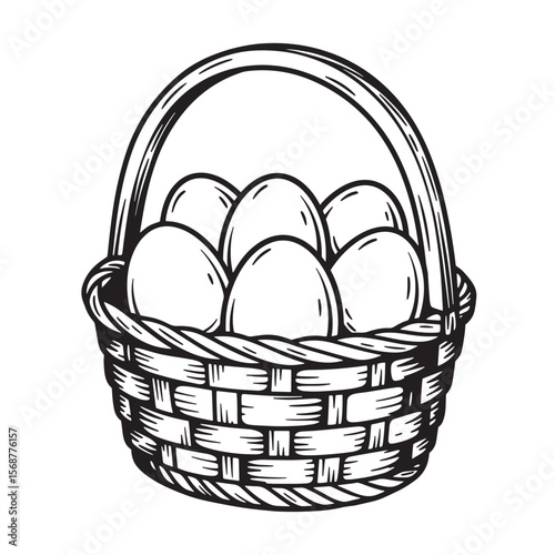 Hand drawn vintage art of a woven basket filled with fresh eggs in a rustic illustration