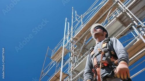 Construction worker stands confidently under a clear blue sky near scaffolding at an active job site in mid-afternoon