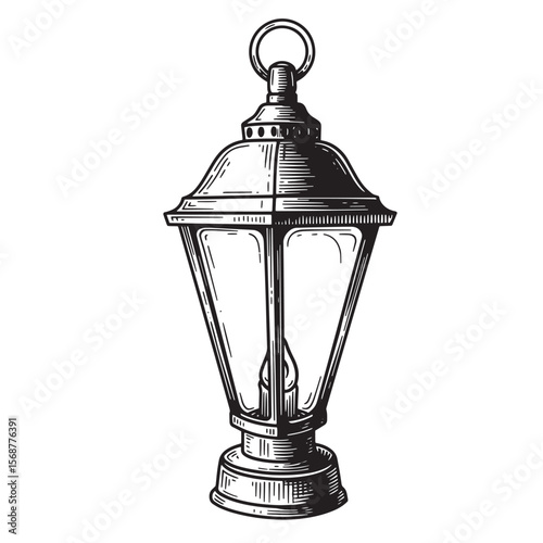 Intricate vintage art illustration of a classical lantern with a lit candle depicted in black and white detail