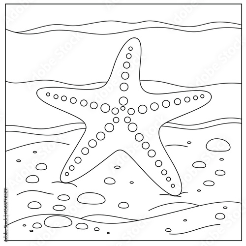 A starfish with circular spots rests on a pebble-covered ocean floor, surrounded by wavy lines depicting an underwater scene