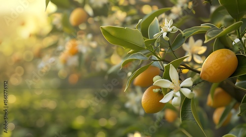 A lemon tree in full bloom with flowers and young lemons