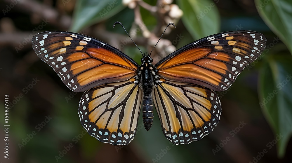 Fototapeta premium Monarch butterfly danaus plexippus resting on a branch with soft green background