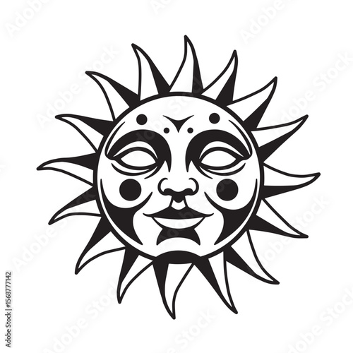 Smiling sun face design in black and white illustrating vintage art and positive energy