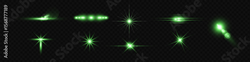 Light green effect reflections, neon illumination in white colors. Bright light lens. Police light effects, lines. Shiny stars, glowing sparks on a black background.