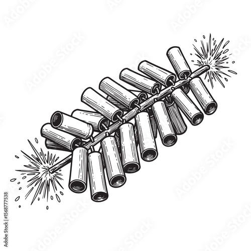 Vector illustration of a detailed vintage art firecracker string in black and white
