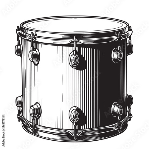 Vintage art illustration of a classic drum instrument isolated on white background
