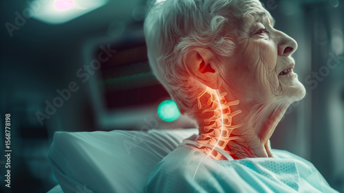 Elderly woman with pain in neck or spine with highlight  area in hospital.