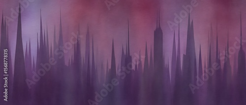 A hazy, violet cityscape of tall spires.