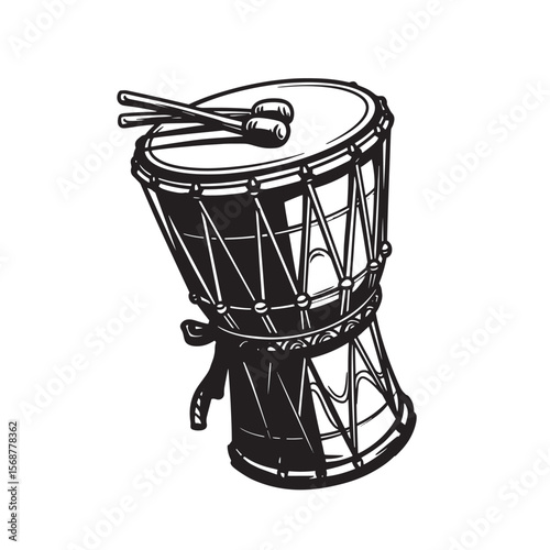 Vintage art illustration of a detailed hand drawn djembe drum with drumsticks in black and white on a clean white background