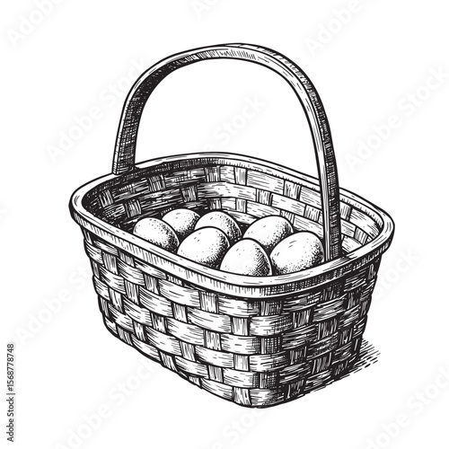 Vintage art illustration of a wicker basket filled with eggs hand drawn in a detailed engraving style