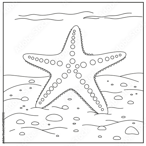A starfish with circular patterns rests on a sandy beach surrounded by pebbles and gentle waves, illustrated in clean black-and-white line art.