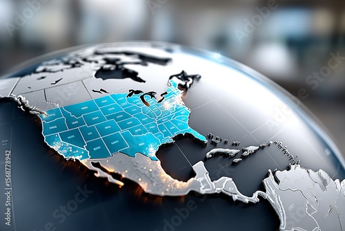 USA map highlighting states with vibrant colors in a globe visualization showing geographic features and data