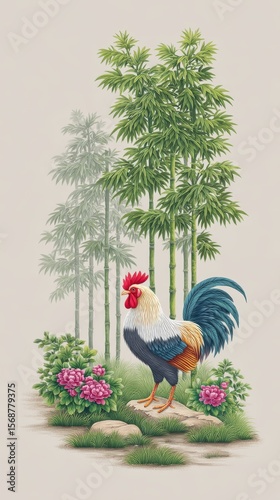 Wallpaper Mural Colorful Rooster in Bamboo Grove Illustration Torontodigital.ca