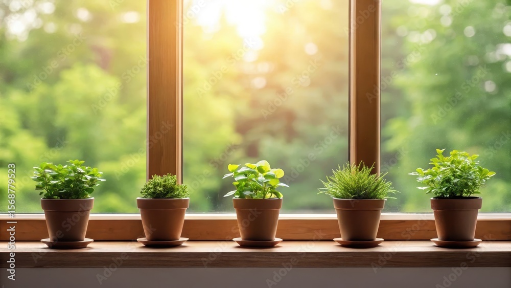 Fototapeta premium Plants on a windowsill with sunlight and greenery outside.