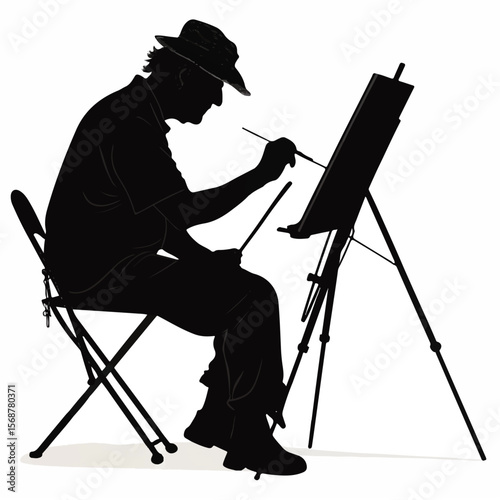 Artist Painting Silhouette: Male Figure at Easel with Brush & Hat Vector