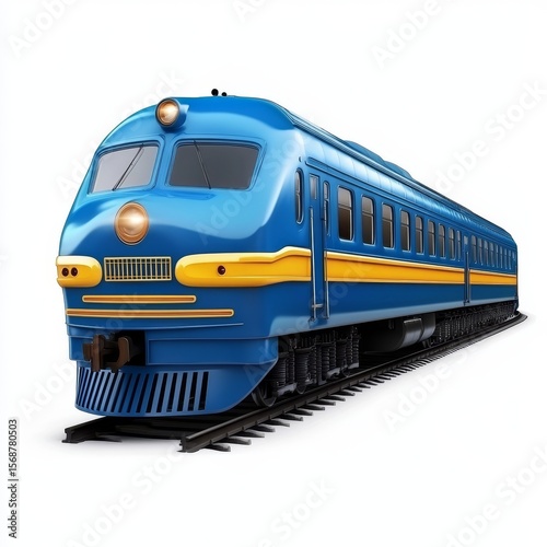 Blue and yellow passenger train on tracks