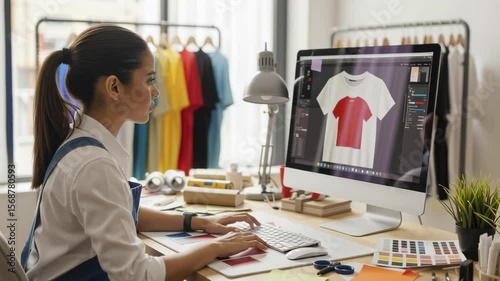 Graphic Designer Creating T-Shirt Mockups in Modern Office Space Digital Design Workflow Creative Environment Focused Viewpoint Fashion Concept