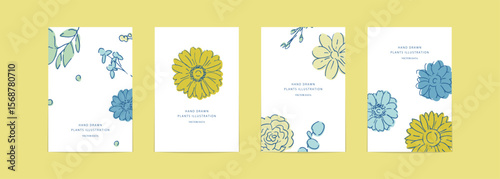 花と草木のベクターハガキテンプレート。夏カラーの植物招待状デザインテンプレート。Vector postcard template with flowers, plants and trees. Summer color plant invitation design template.