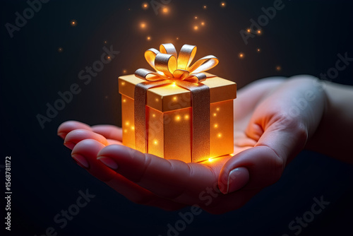 A hand presents a small golden gift box adorned with a shiny ribbon, emitting a warm glow and sparkling lights in a dark environment.
