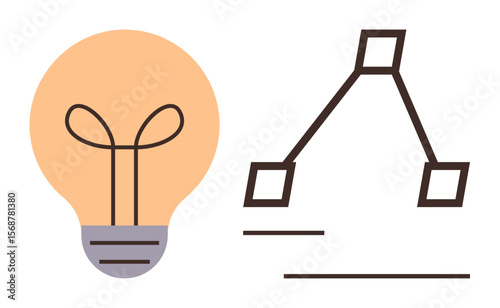Lightbulb with abstract diagram connecting blocks, conveying innovation, strategy, teamwork, planning, workflow, organization, creativity. Ideal for presentation mind map concept education