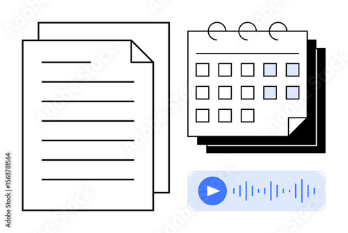 Papers, calendar with marked dates, and audio player represent planning, documentation, audio notes, and time management. Ideal for productivity, planning, workflow organization resource