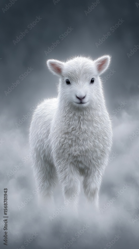 Obraz premium Fluffy White Lamb in Misty Gray Setting