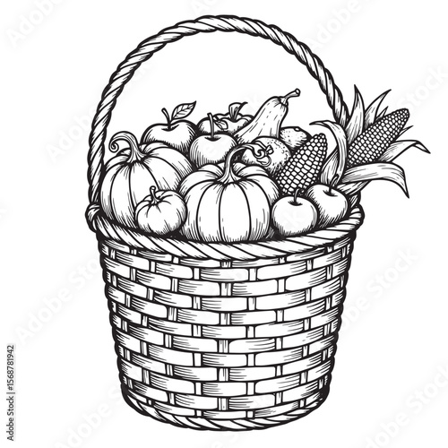 A detailed vintage art illustration of a woven basket overflowing with autumn harvest produce