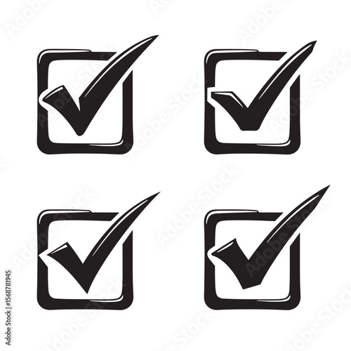 A set of hand drawn black check mark icons in square boxes for approval