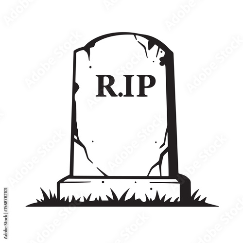 A vintage art depiction of a classic headstone with the letters rip signifying rest in peace illustrated against a white background.
