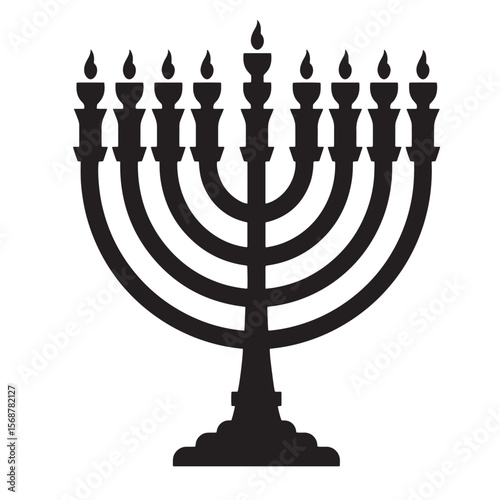 A simple vintage art black silhouette illustration of the classic jewish menorah with lit candles for hanukkah or religious celebrations