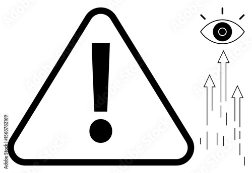 Warning triangle with bold exclamation mark paired with an eye symbol and arrows pointing upward. Ideal for safety, awareness, alert, caution, vision, attention, observation concepts. Bold and simple