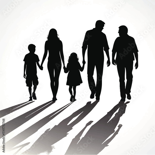 Family Walking Silhouette: Parents & Kids Together with Long Shadows Vector