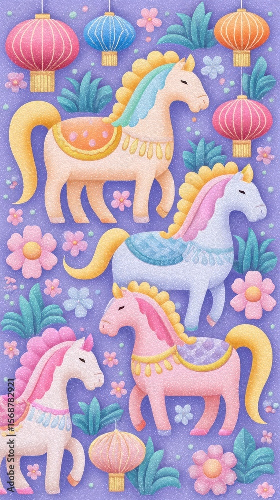 Fototapeta premium Pastel Glitter Horses and Lanterns Festive Illustration