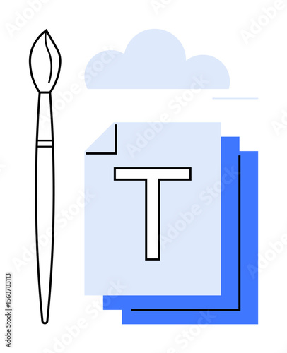 Brush placed beside layered documents with text and a cloud representing design, art, creativity, and storage. Ideal for design services, digital art, creativity tools, cloud storage, innovation