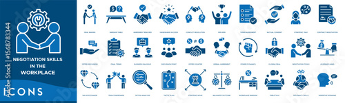 Negotiation Skills in the Workplace icon set. Deal Making, Bargain Table, Agreement Reached, Handshake Success, Conflict Resolution, Win-Win, Terms Agreement and Mutual Consent