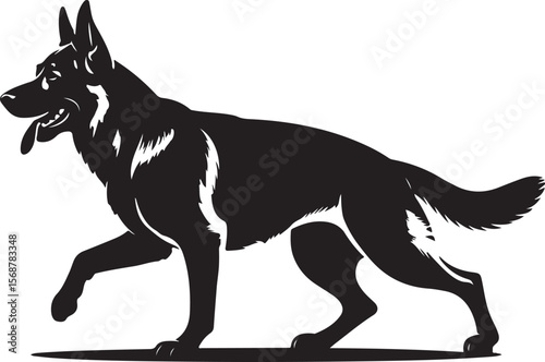 Black Silhouette Vector Graphic of a German Shepherd Dog Walking Side Profile View Monochrome Canine Illustration